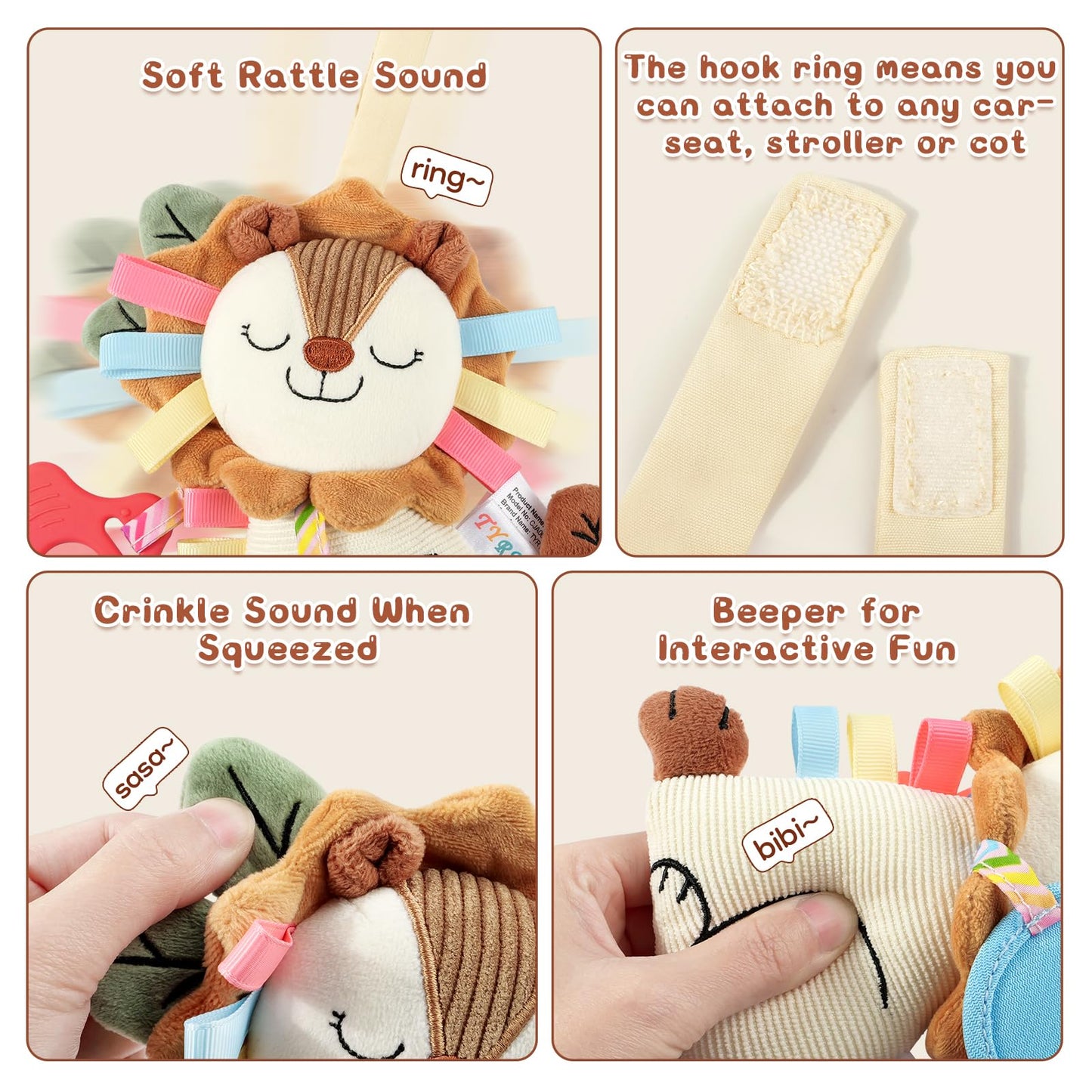 TYRY.HU Car Seat & Stroller Activity Toy,Soft Plush Cot Hanging Toy, Baby Rattle Toy with Strap,Developmental Sensory Toy-Textured Ribbons&Teether&Mirror&Crinkle Sounds for Infants 0 3 6 12 Months