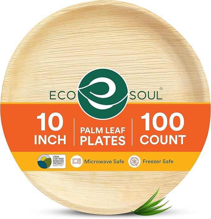 ECO SOUL 10 Inch Disposable Palm Leaf Plates [100 Pack] Premium Food-Safe Heavy Duty Compostable Bamboo Paper Plates for Lunch, Dinner, Birthday, Weddings, Party, Camping & Catering Events [Round]