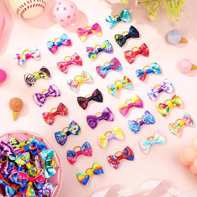 Shinylin 60 Pcs Cute Puppy Dog Hair Bows Small Bowknot Hair Bows with Rubber Bands Handmade Knot Accessories Pet Grooming Products for Holiday Birthday Gift(Tie Dye)