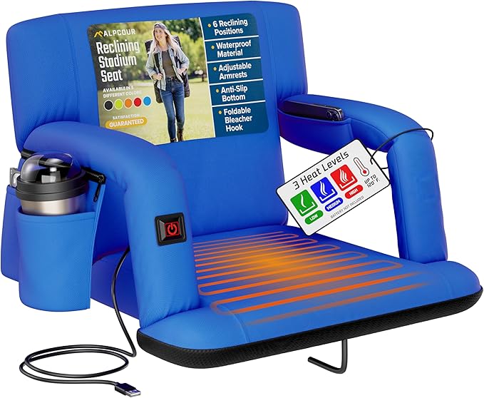 Alpcour Heated Reclining Stadium Seat for Bleachers – Wide Bleacher Chair with Back Support and Cushion, Armrests, Side Pockets, & Hook – Stadium Seats Chairs for Camping, Kayak, Paddle Board & More