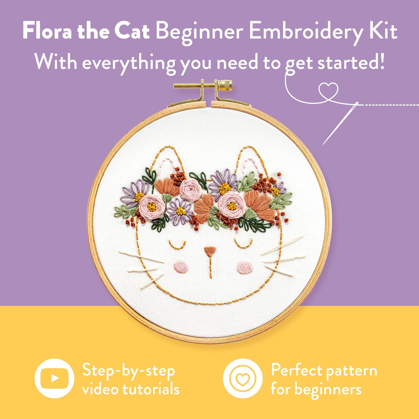 Clever Poppy Flora the Cat Beginner Embroidery Kit – Easy Embroidery Kit for Beginners with Hoop, Thread & Patterns – Hand Embroidery Kit for Adults and Teens – Complete Embroidery Starter Kit