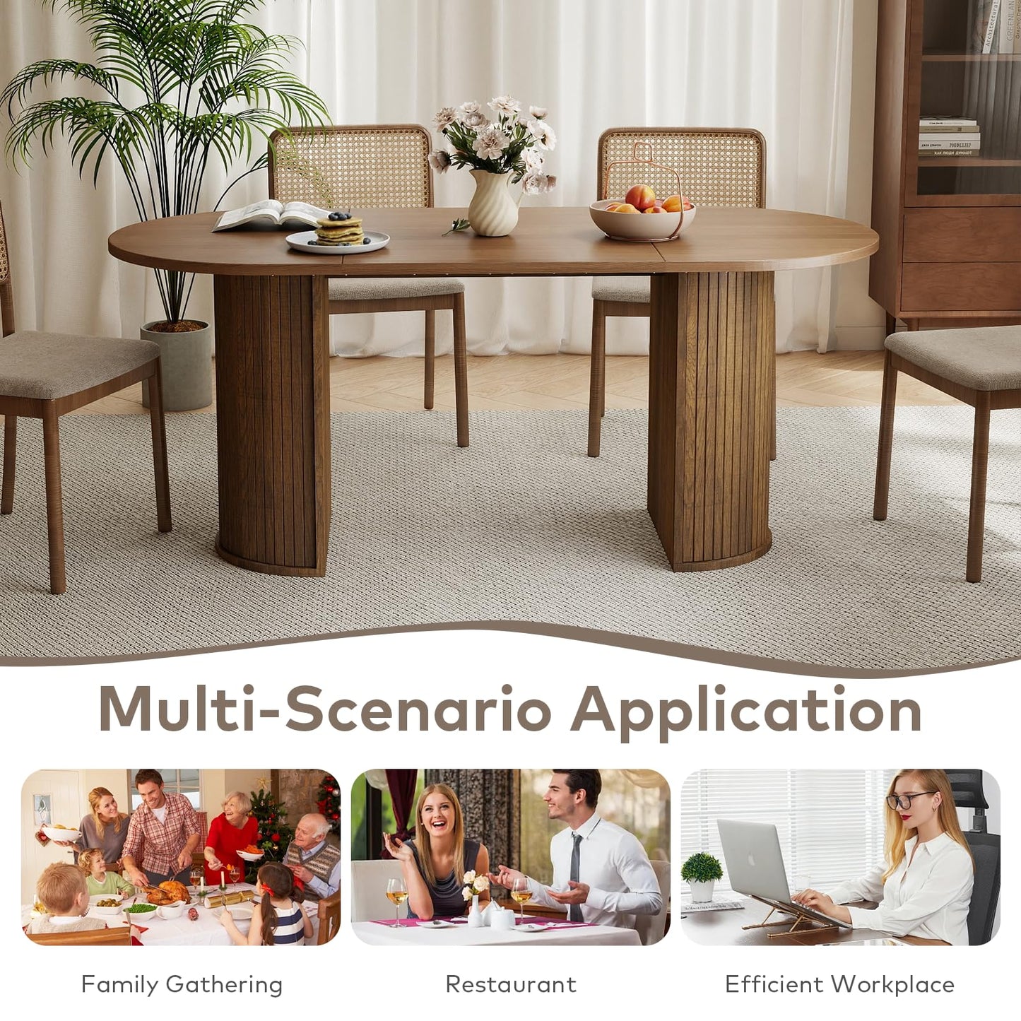 SoarFlash 70.8" Oval Dining Table for 4-6 Person Kitchen Table with Semi-Cylindrical Legs Base Modern Farmhouse Dinner Tables for Dining Living Receiption Room (Brown)