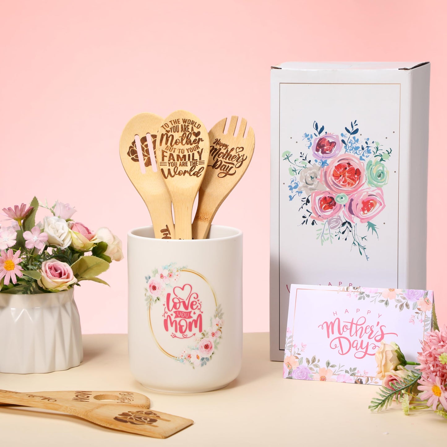 Baderke 8 Pcs Mother's Day Gifts for Mom Ceramic Utensil Holder with Wooden Spoon Set Kitchen Gadget Utensil Wooden Spatulas Set Cooking Mom Gift Cooking Tool for Hostesses Warming Kitchen Accessories