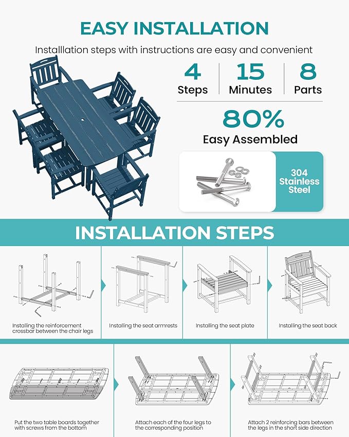 Outdoor Rectangle Dining Table, Heavy-Duty HDPE Table for 6, Weatherproof Patio Table with Umbrella Hole, Rounded Corners for Safety, Navy Blue