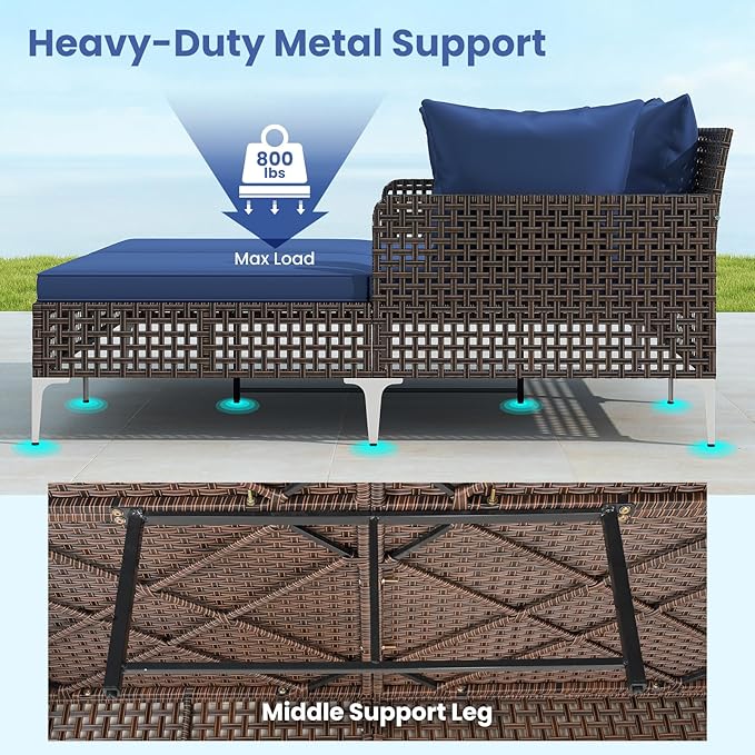 Tangkula Outdoor Rattan Double Daybed, Boho Wicker Chaise Lounge for 2 with Seat & Back Cushions, Outdoor Sunbed Loveseat with Metal Support for Backyard, Poolside & Deck (Navy)