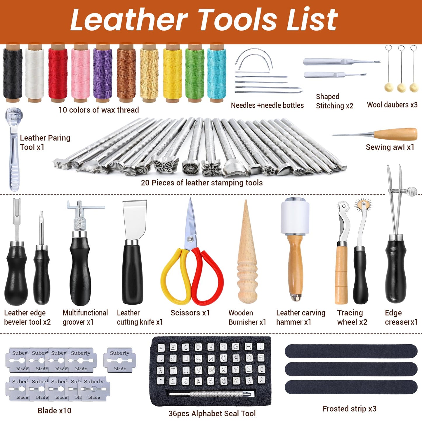 Leather Working Tools Craft Kit for Carving Stamping Sewing Punching Cutting with Storage Bag Professional Leather Tooling kit for DIY Crafting
