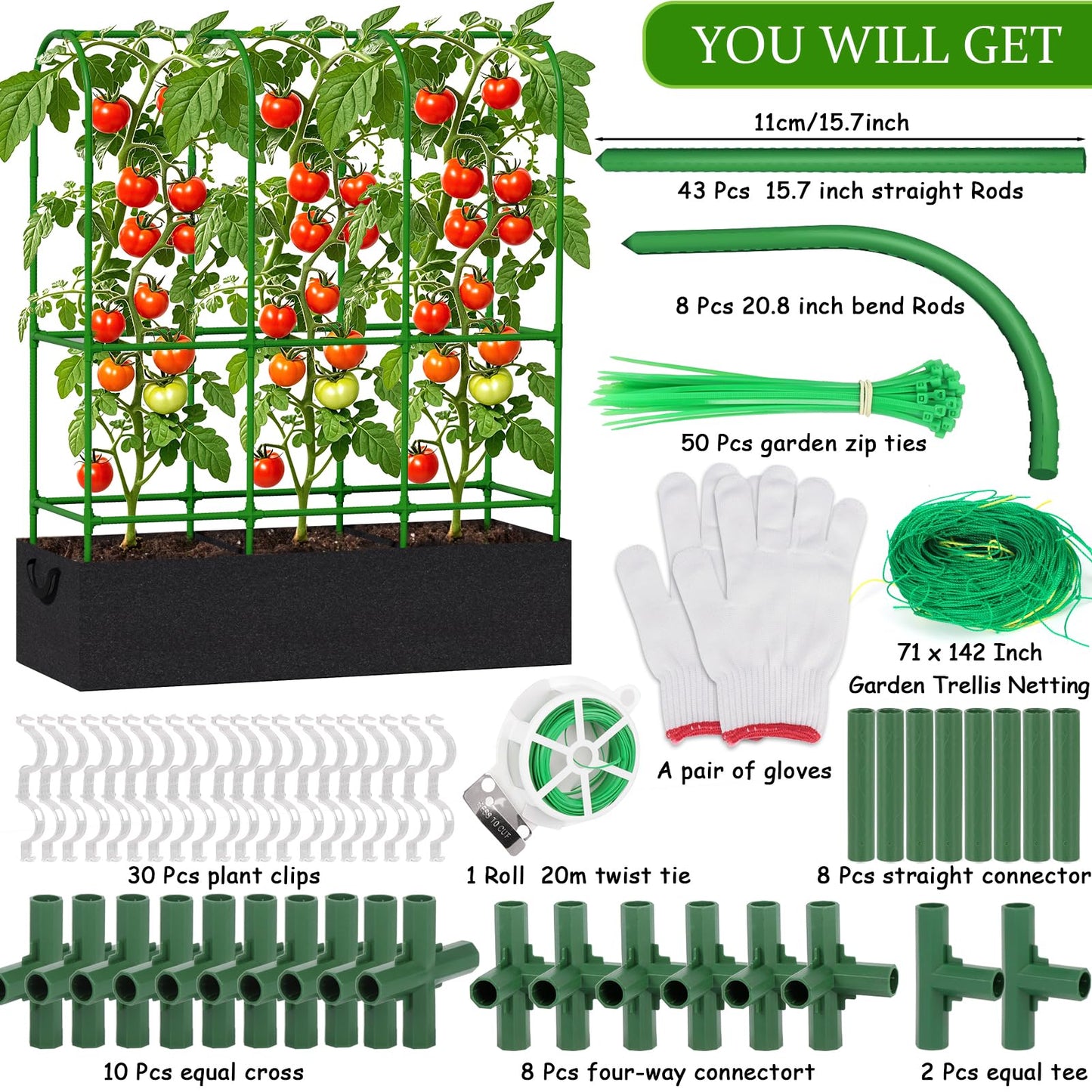 Srapwati 65"H x 50"W Cucumber Trellis with Grow Bag & Netting, U-Frame Metal Plant Support, Heavy-Duty Steel & Plastic, Green & Black, Rectangular, Climbing Plant Support Structure