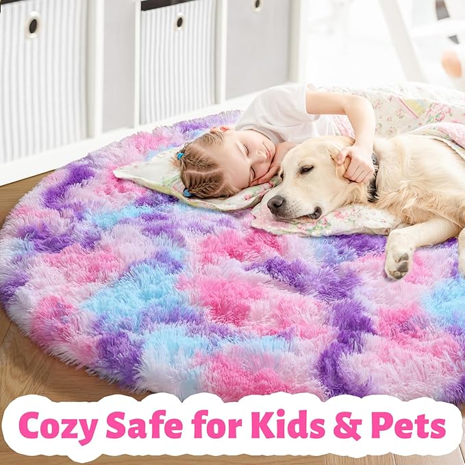 Amdrebio Hot Pink Rainbow Round Circle Area Rug 4Ft for Girls Bedroom, Fluffy Cute Fuzzy Colorful Pastel Kids Rugs for Nursery Playroom Classroom, Unicorn Shag Princess Carpet for Baby Toddler Teen