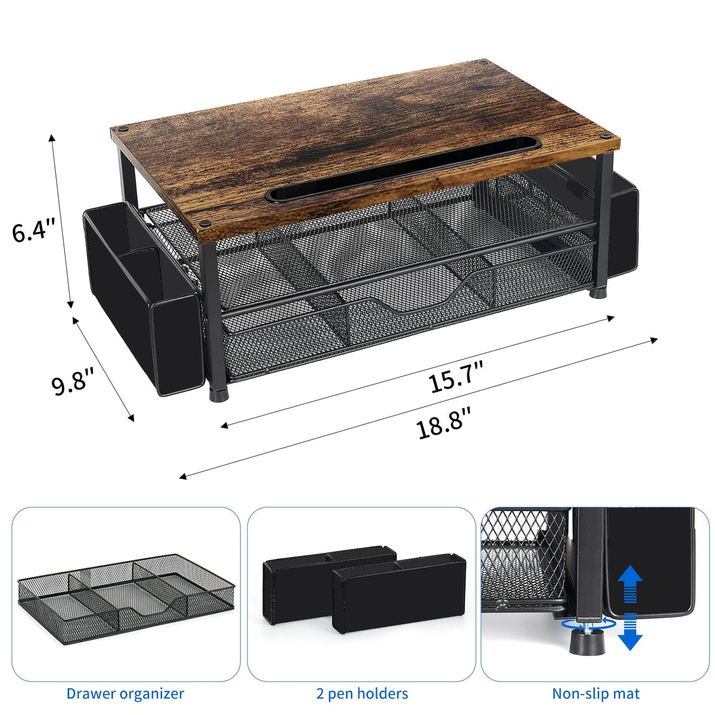 AUPSEN Wood Desk Organizers and Accessories, 2-Tier Computer Monitor Stand Riser with Drawer, Pen Storage & Phone Holder, Office Desk Accessories, Workspace Desktop Organization for Office Supplies（Brown）