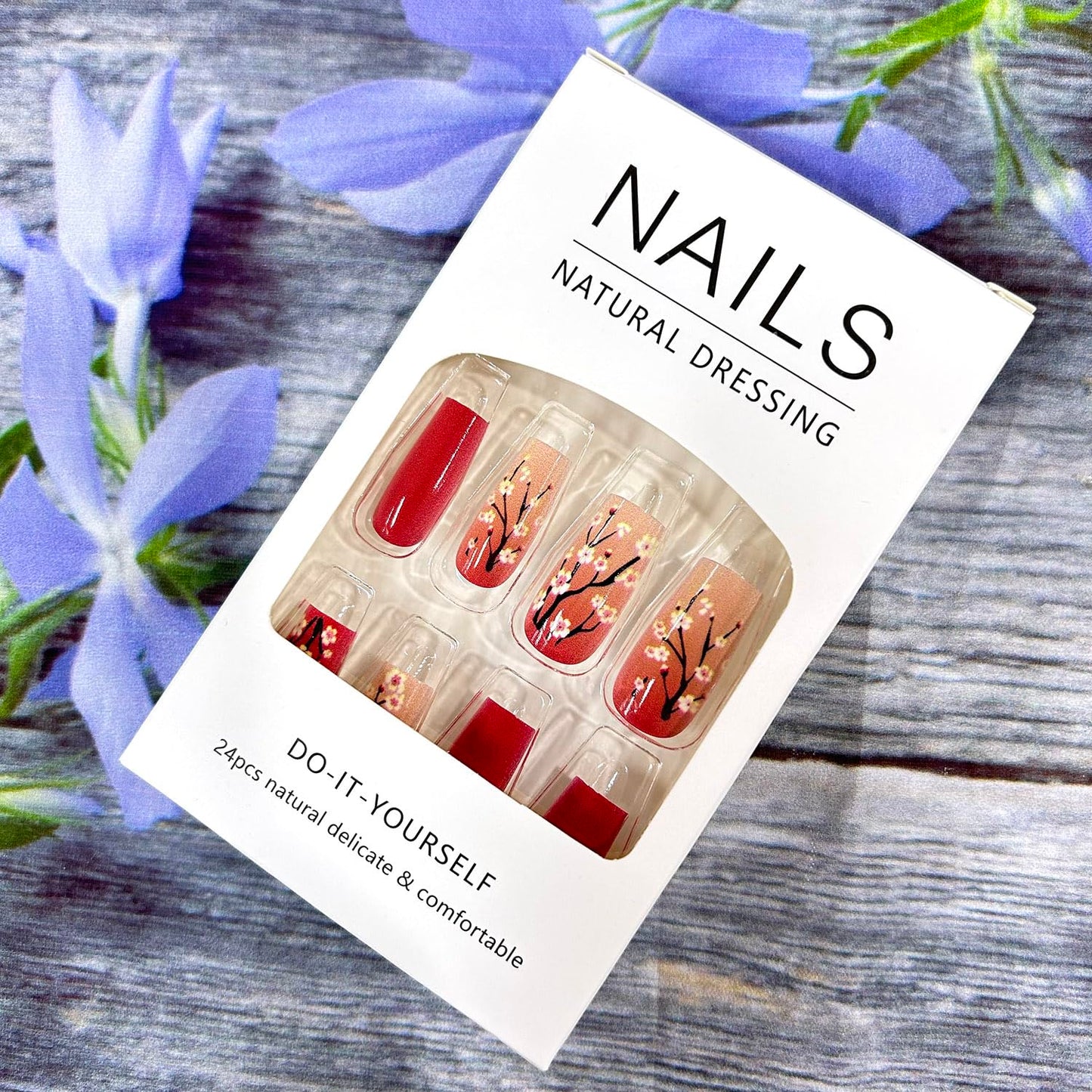 Red Press on Nails Medium Length Pink Flower Pattern Design Fake Nails Gradient Press Nails Full Cover Glossy Acrylic Nails Artificial Coffin Nails Ballet Shaped Stick on Nails Glue on Nails for Women