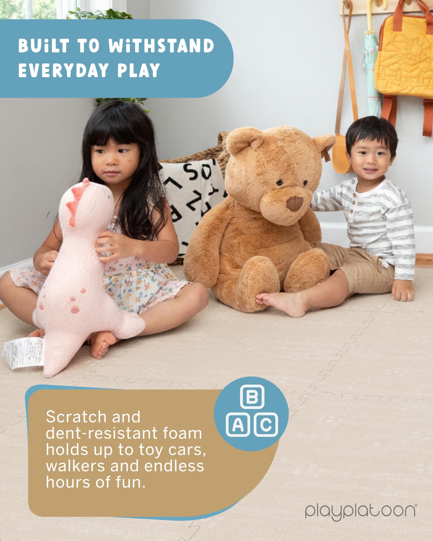 Play Platoon Non-Toxic Large Baby Play Mat for Floor 16 Tile 96 x 96 inch - Extra-Thick Interlocking Foam Floor Tiles 24 x 24 in Puzzle Mat Pieces with Border, Playmat Rug for Kids - Brushed Cotton
