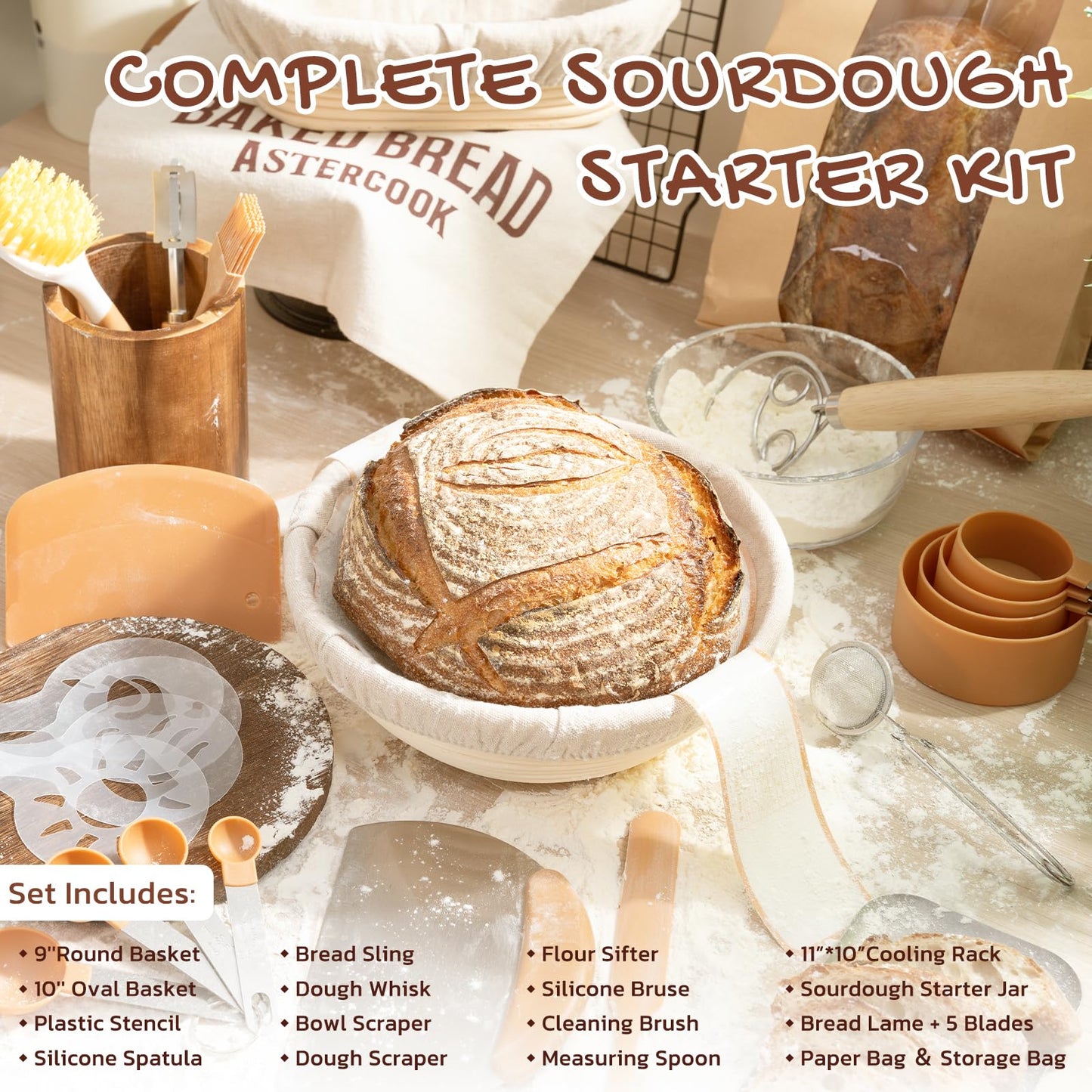 Astercook Sourdough Starter Kit with Round & Oval Banneton Bread Proofing Basket, Bread Sling, Starter Jar, Dough Whisk, Scrapers, Stencils, Complete Sourdough Bread Baking Supplies, Mothers Day Gifts