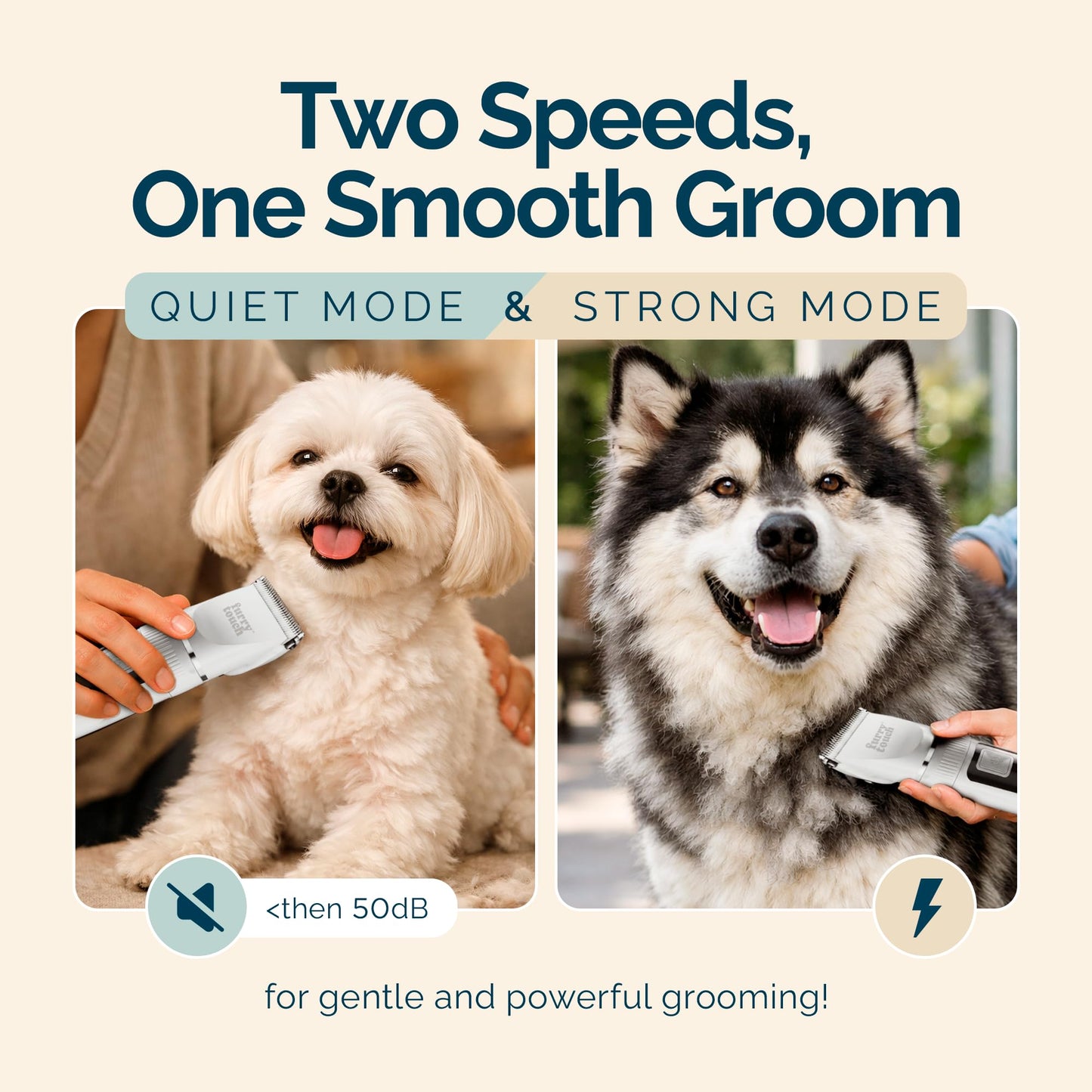 Furry Touch Dog Grooming Kit - 2 Power Modes Quiet & Strong, Cordless Dog Clippers for Grooming & Dogs Hair Trimmer for Groomings, Ceramic Blades, 6 Guide Combs, Rechargeable Trimmer for Cats and Pets