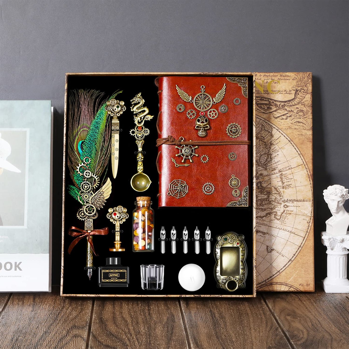 AIYNC Quill Pen and Ink Set, With Notebook Wax Seal Stamp Kit, Calligraphy Set for Writing Lovers, Valentine's Day and Birthday Gifts, Ideal for Holidays(Peacock Feather)
