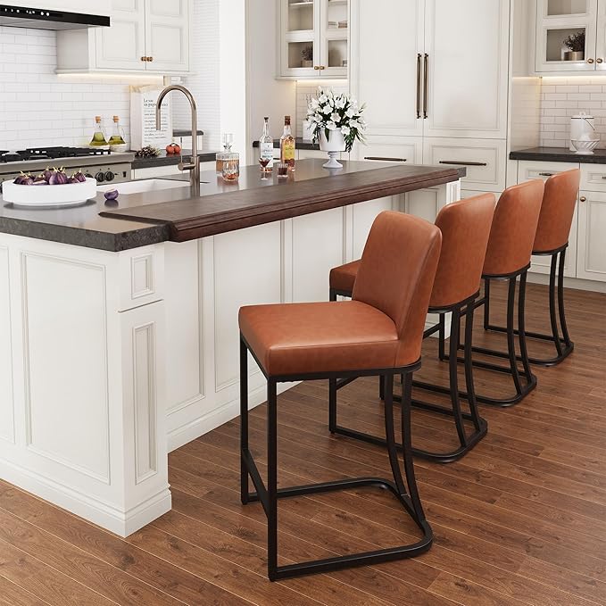 PHI VILLA Brown Bar Stools Set of 4, Faux Leather Counter Height Chairs, Kitchen Stools for Island, 24 Inch Barstools with Back