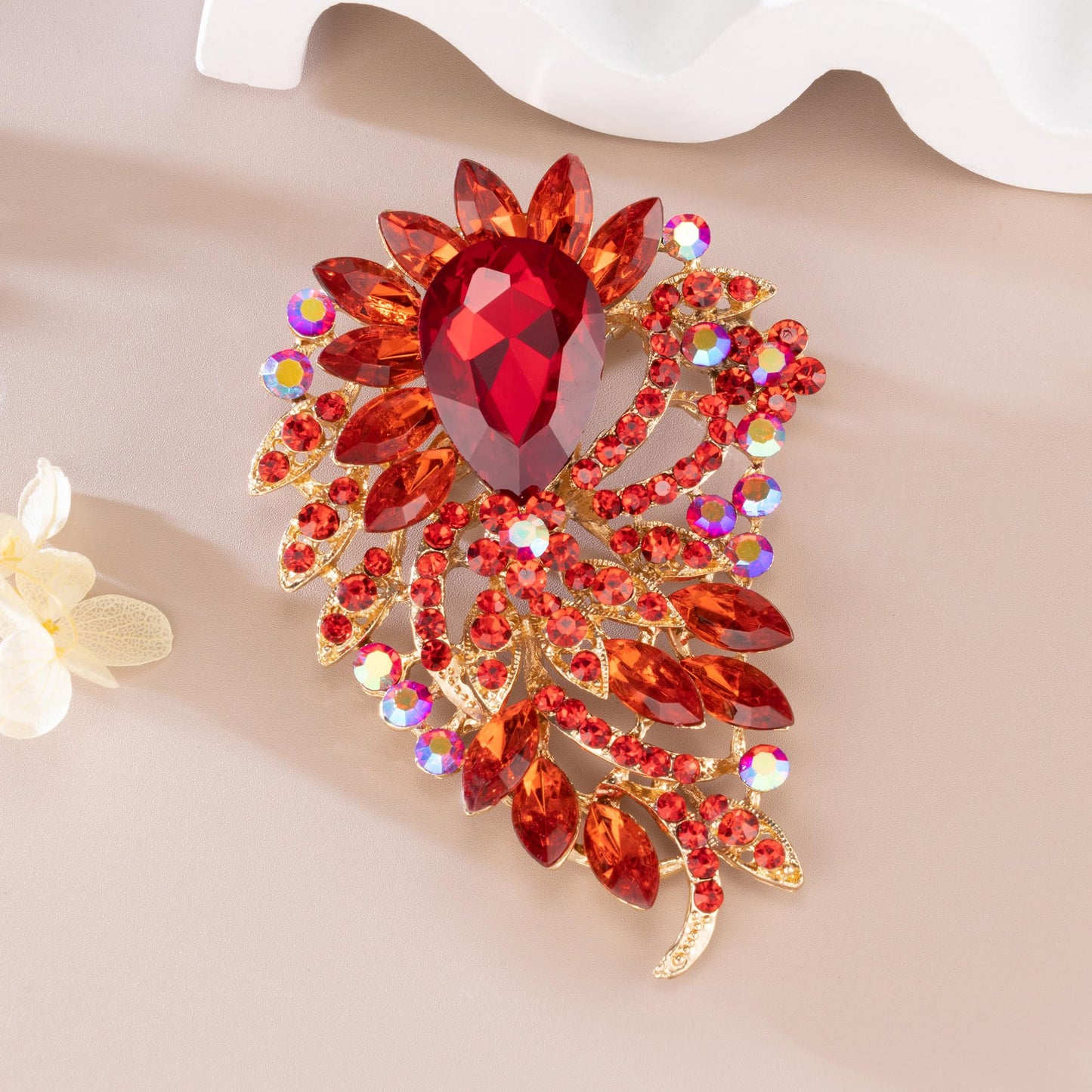 SELOVO Big Large Red Rhinestone Brooch Pin Sweater Jewelry Accessory Gold Tone