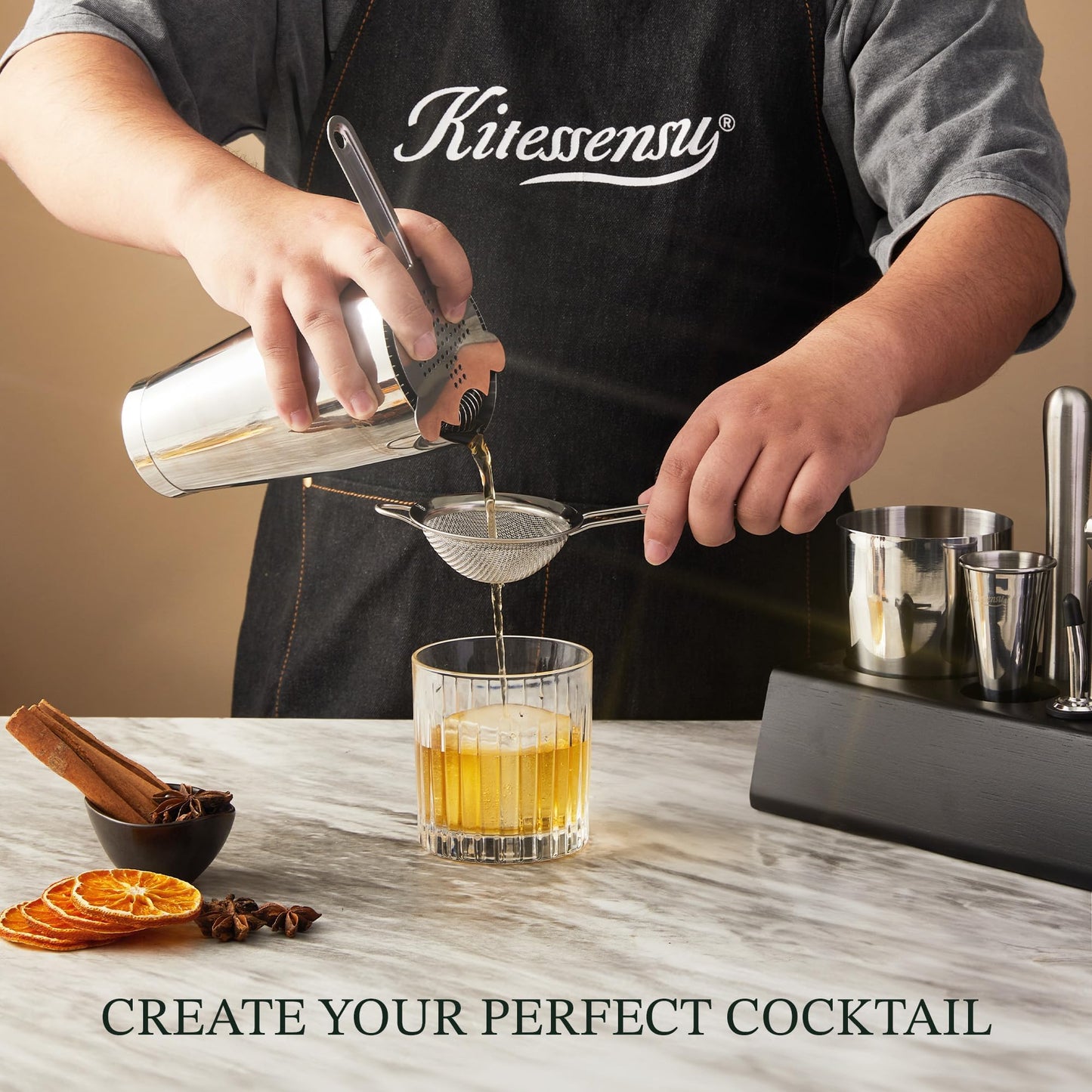 KITESSENSU Boston Shaker Set Mixology Bartender Kit | Premium Cocktail Shaker Kit with Stand Professional Home Bar Tools Accessories: Martini Shaker, Citrus Tools, Fine Mesh Strainers, Muddler, Jigger