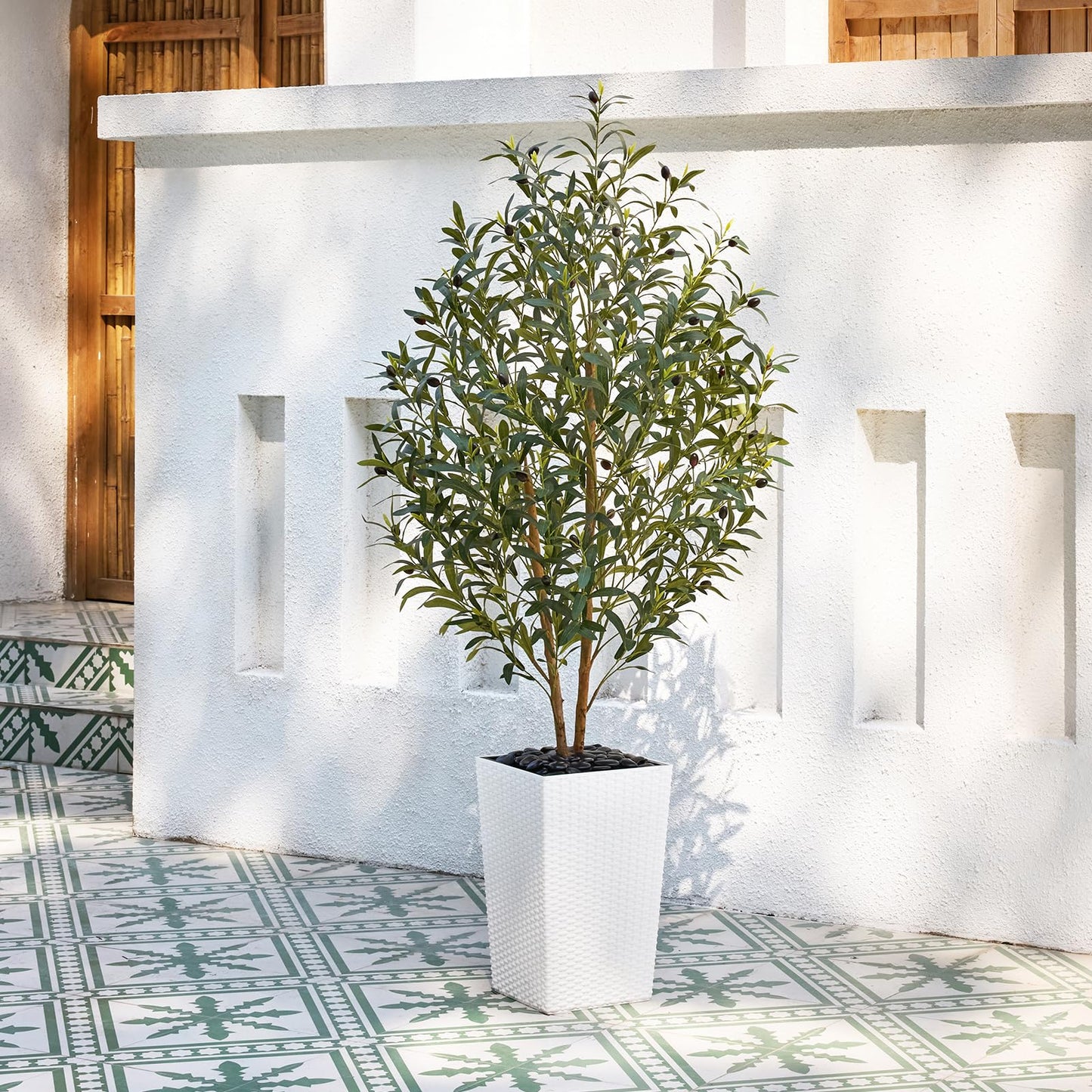OAKRED Artificial Olive Tree 5FT Faux Olive Tree - Adjustable Branches UV Resistant with White Taper Planter and Pebbles - Faux Plants Indoor for Living Room, Office Decor and Bedroom
