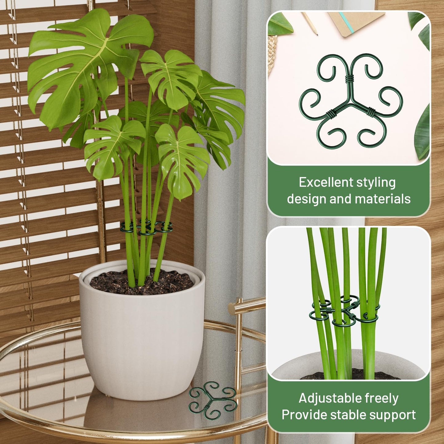 Yeomant 4PCS Green Iron Monstera Support, Uniquely Designed Plant Support Stakes for Indoor Plants, Stable Plant Stakes and Supports, Turtle Shell Bamboo Clamp Set for Thriving Growth