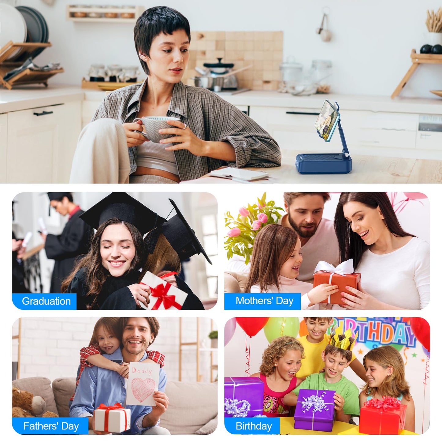 TechGlow Gifts for Men Women Foldable Cellphone Stand with Bluetooth Speaker and Charging Function 360° Rotatable Phone Stand Birthday Gift Idea for Mom Dad Cool Tech Gifts-Blue