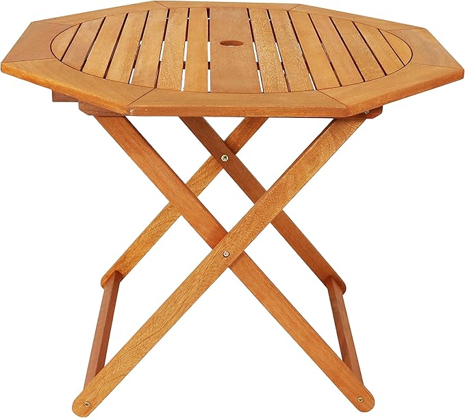 Sunnydaze Folding Meranti Wood Outdoor Dining Table with Umbrella Hole - Foldable Teak Patio Table - Teak Oil Finish - Octagon
