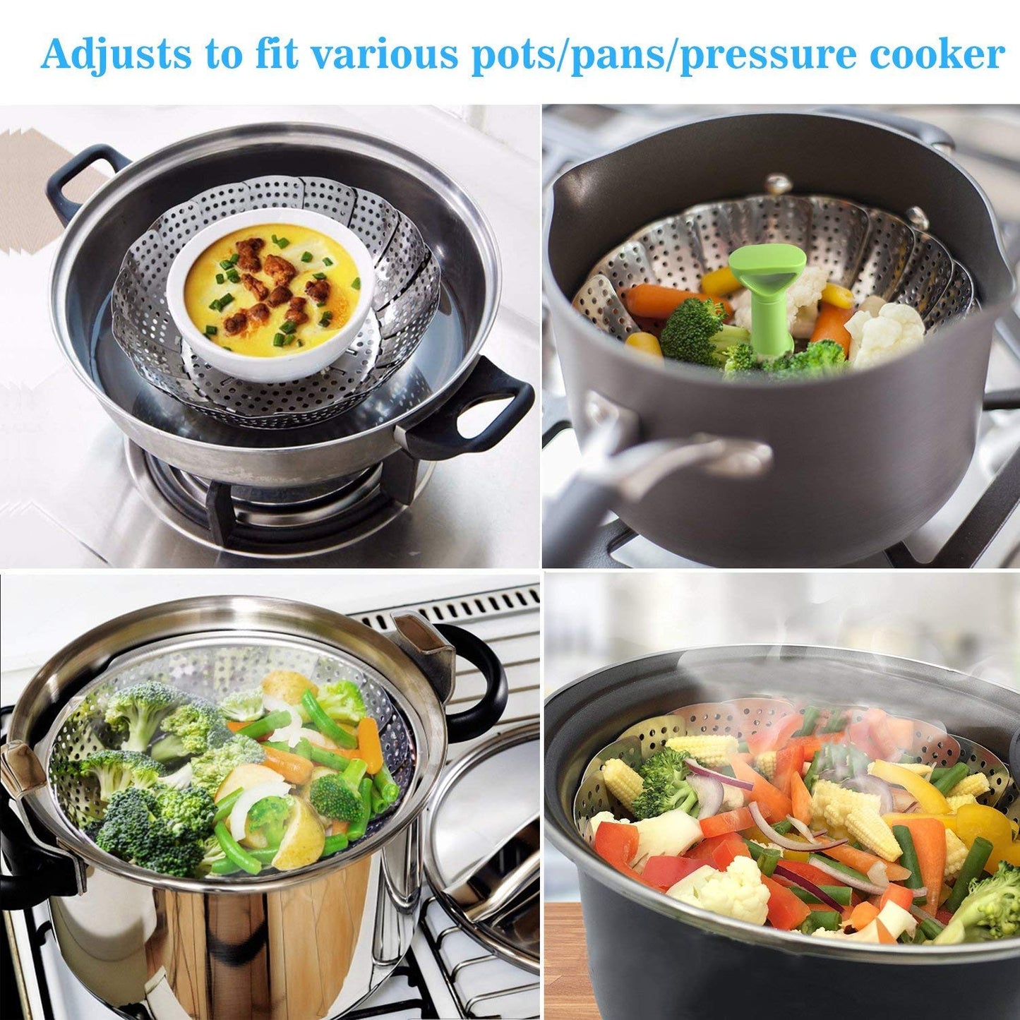 Consevisen Vegetable Steamer Basket for Cooking Food, Stainless Steel Veggie Steam Basket for Pot, Folding Expandable Steaming Insert with Extendable Handle Fits Various Size Pot, 5.1" to 9"