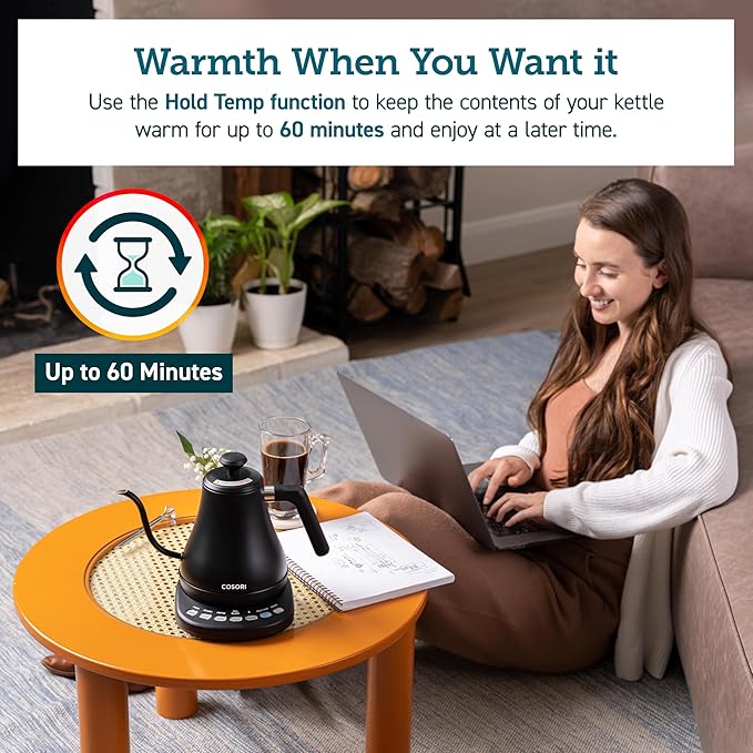 COSORI Electric Gooseneck Kettle Smart Bluetooth with Variable Temperature Control, Pour Over Coffee & Tea Maker, 100% Stainless Steel, Quick Heating, Matte Black