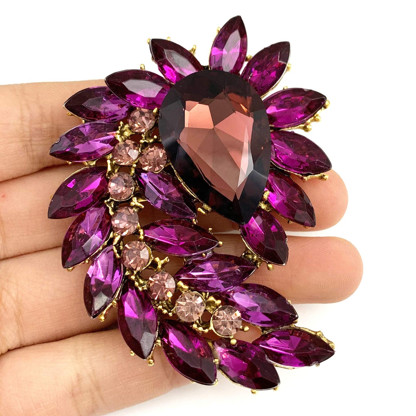 SELOVO Jewelry Marquise Shape Large Rhinestone Flower Purple Statement Brooch Pin Antiqued Gold Tone