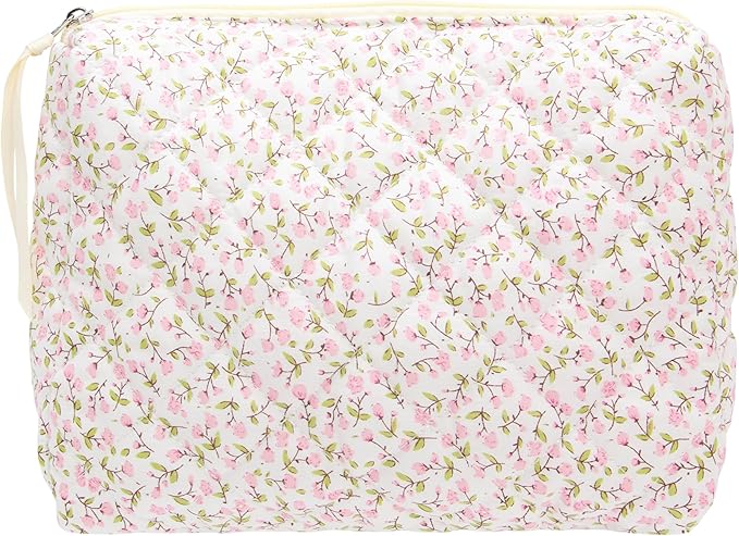 Quilted Makeup Bag Large Travel Zipper Soft Cosmetic Pouch for Women Girls Make Up,Floral Pink
