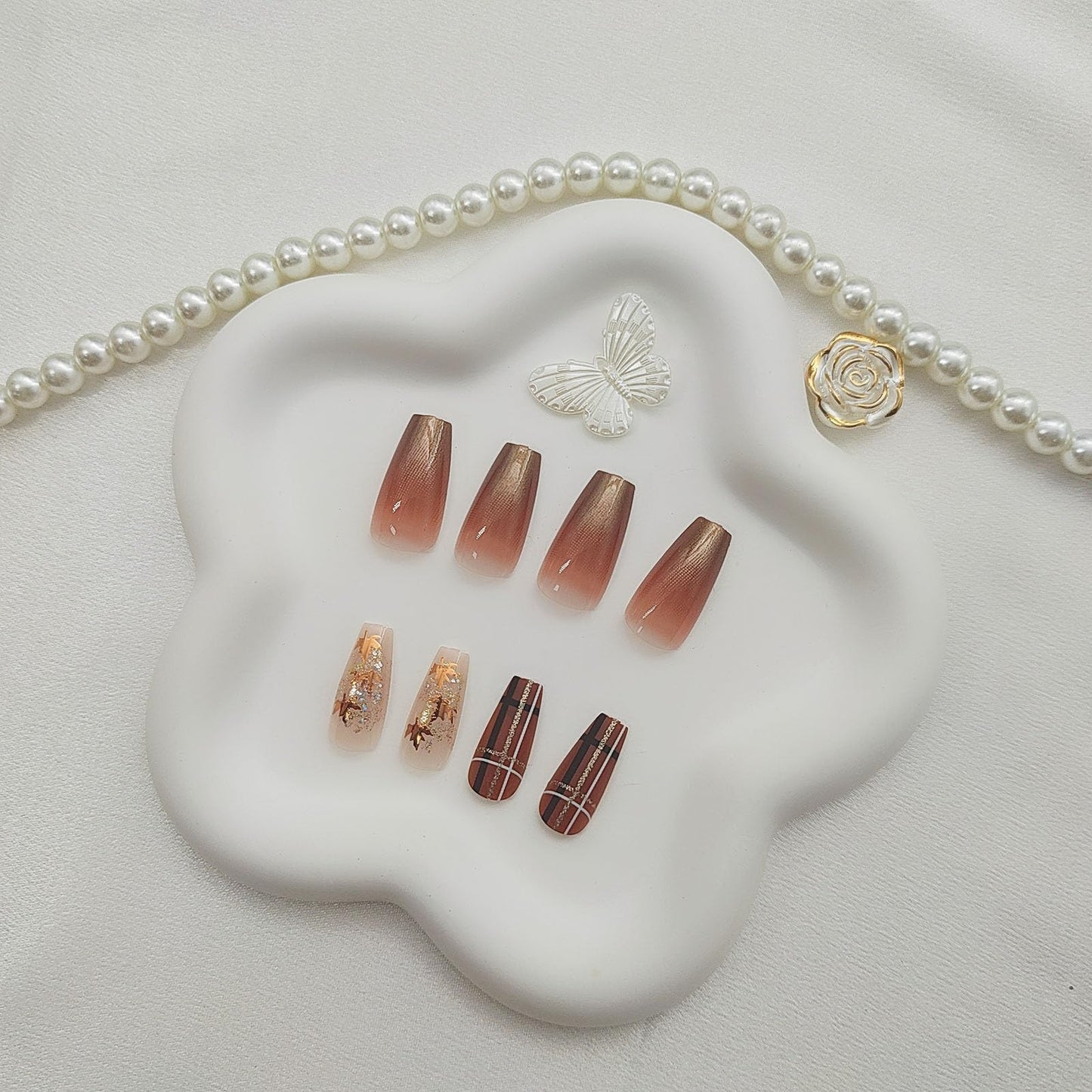 Fall Maple Leaf Nails - Brown Gradient, 24pcs Press Ons with Glossy Finish, Perfect for Thanksgiving