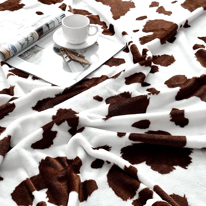 SOCHOW Cow Print Fleece Throw Blanket for Sofa Couch, Soft Lightweight Cozy Warm Home Decor Flannel Blanket, Cute Animal Blanket for Kids Boys Girls, Brown 50 x 60 Inches