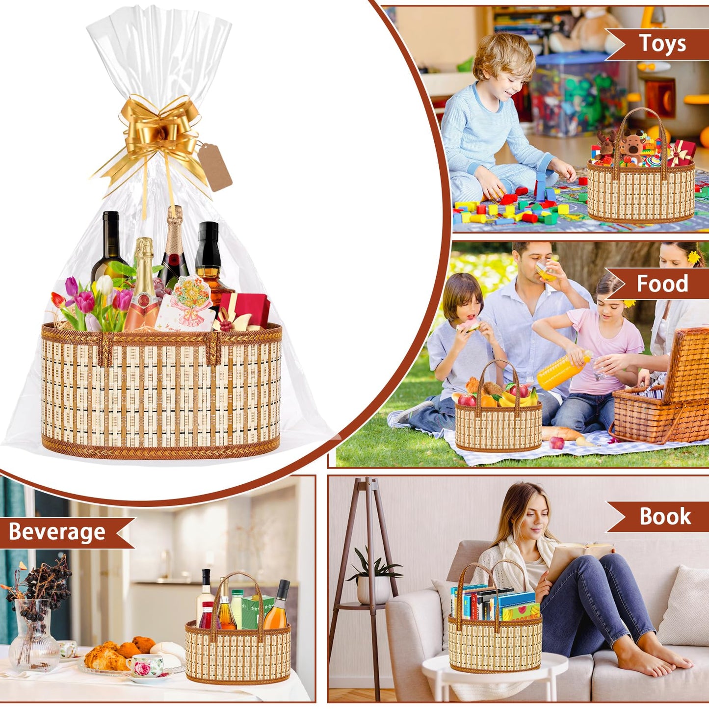 Dreamtop 3 Set Baskets for Gifts Empty, Woven Bamboo Gift Basket Empty Large with Handles, Sturdy Gift Basket Kit Empty to Fill for Christmas Birthday Baby Shower Wedding Gift