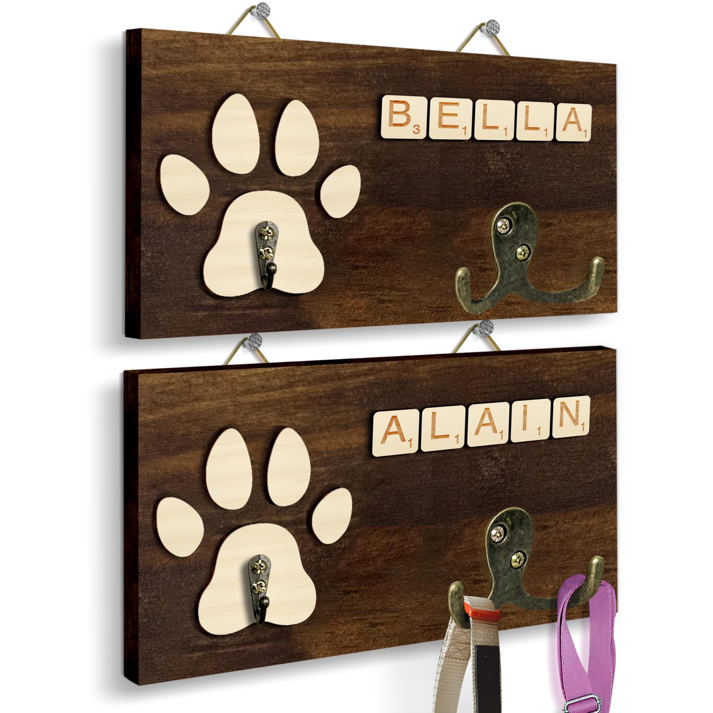 VINARTSVN 2 Pack Dog Leash Holder Wall Mount, Pet Harness Hanger with Scrabble Letters, Dog Collar Organizer for Entryway, Cat Leash Holder for Wall, Pet Loss Gifts, Keepsake, Home Decor PF218-CBW
