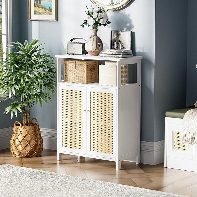 HITNET Bamboo Cabinet, Rattan Storage Cabinet with Doors, Freestanding Floor Cupboard for Bathroom, Living Room, Hallway, White