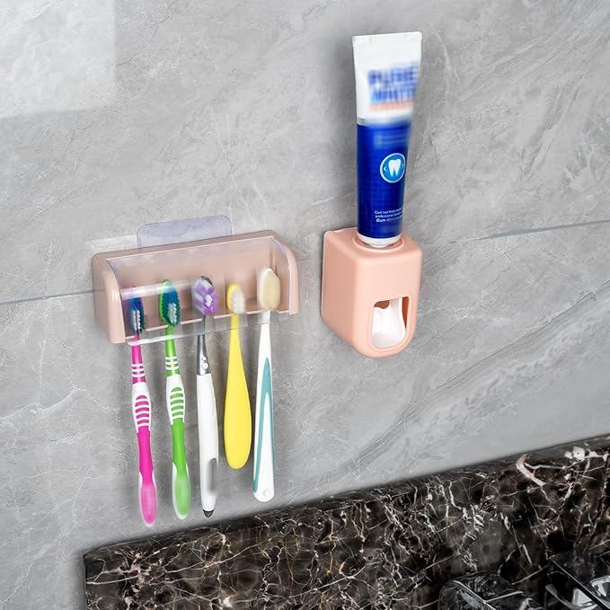 5 Slots Wall Mount Toothbrush Holder with Cover, Self Adhesive Toothbrush Storage Organizer for Shower, Toothbrush Hanger with Automatic Toothpaste Squeezer Dispenser (Pink)