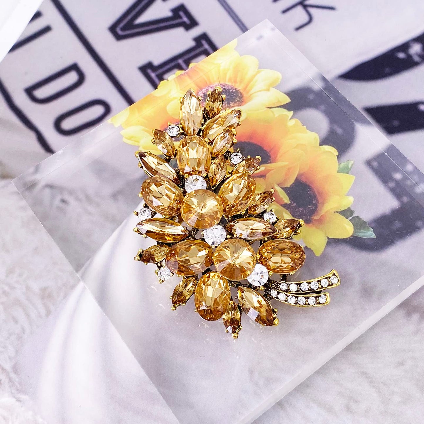 LAXPICOL Vintage Brown Austrian Crystal Flower Leaf Bouquet Clusters Large Big Brooch Pin For Women Jewelry