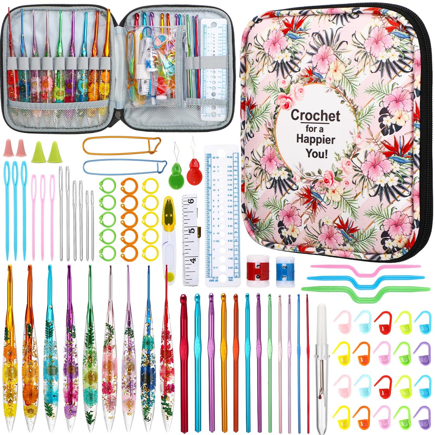 Riceshoot 86 Pcs Crochet Hook Set, 2.0mm-8.0mm Ergonomic Crochet Hooks with Long Floral Handle for Beginners Crocheting Lovers, Includes Storage Bag and Other Accessories