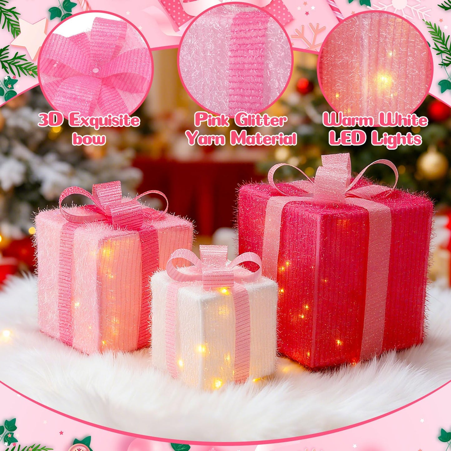 Otoolling 8 Mode 3 Packs Pink Valentines Decorations LED Light Up Valentines Lighted Gift Boxes with Glitter Bow Present Boxes USB Powered for Wedding Christmas Porch Room Decor Indoor Outdoor