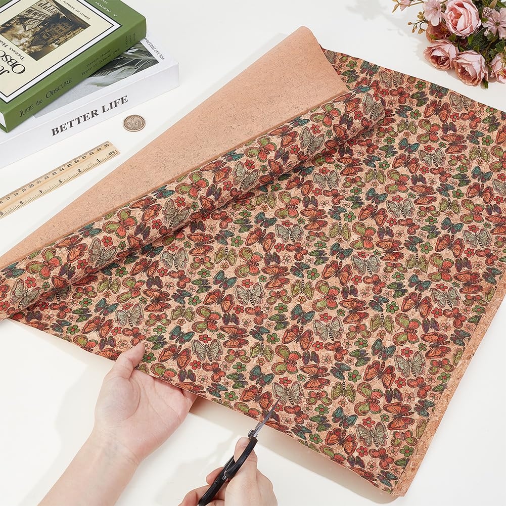 PH PandaHall Cork Fabric 55x19.7 Inch Butterfly Pattern Soft Cork Sheets Retro Style Thin Corks for Bag Making Sewing Faux Leather for Wood Craft DIY Projects Scrapbooking