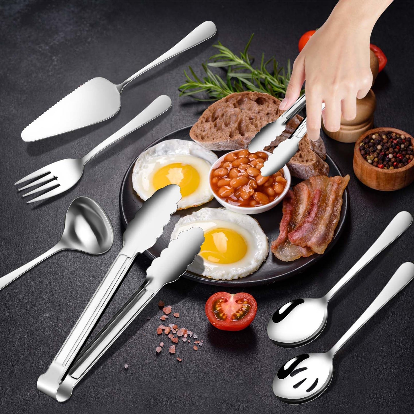 Gisly 12-Piece Serving Set - Large Spoons, Forks, Tongs, Ladle, Cake Server & Appetizer Tongs for Buffet Catering, Dishwasher Safe