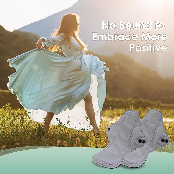wegreeco 6 Pcs Reusable Menstrual Pads, Ultra Absorbent Cloth Pads for Heavy Flow, Sanitary for Teens, Women, Nonslip, Grey Inner, Black Outer, Large