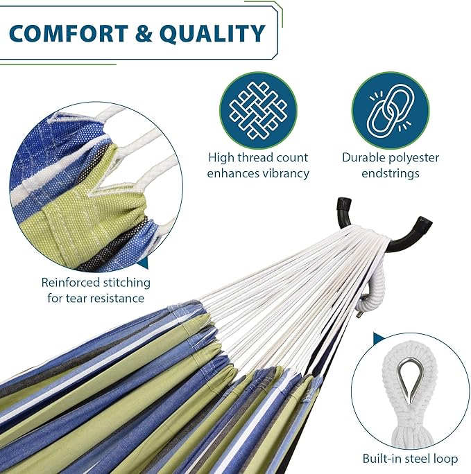 Vivere Double Cotton Hammock with Space Saving Steel Stand, Upgraded Polyester End Strings 450 lb Capacity - Premium Carry Bag Included - USA Grown Cotton (Oasis)