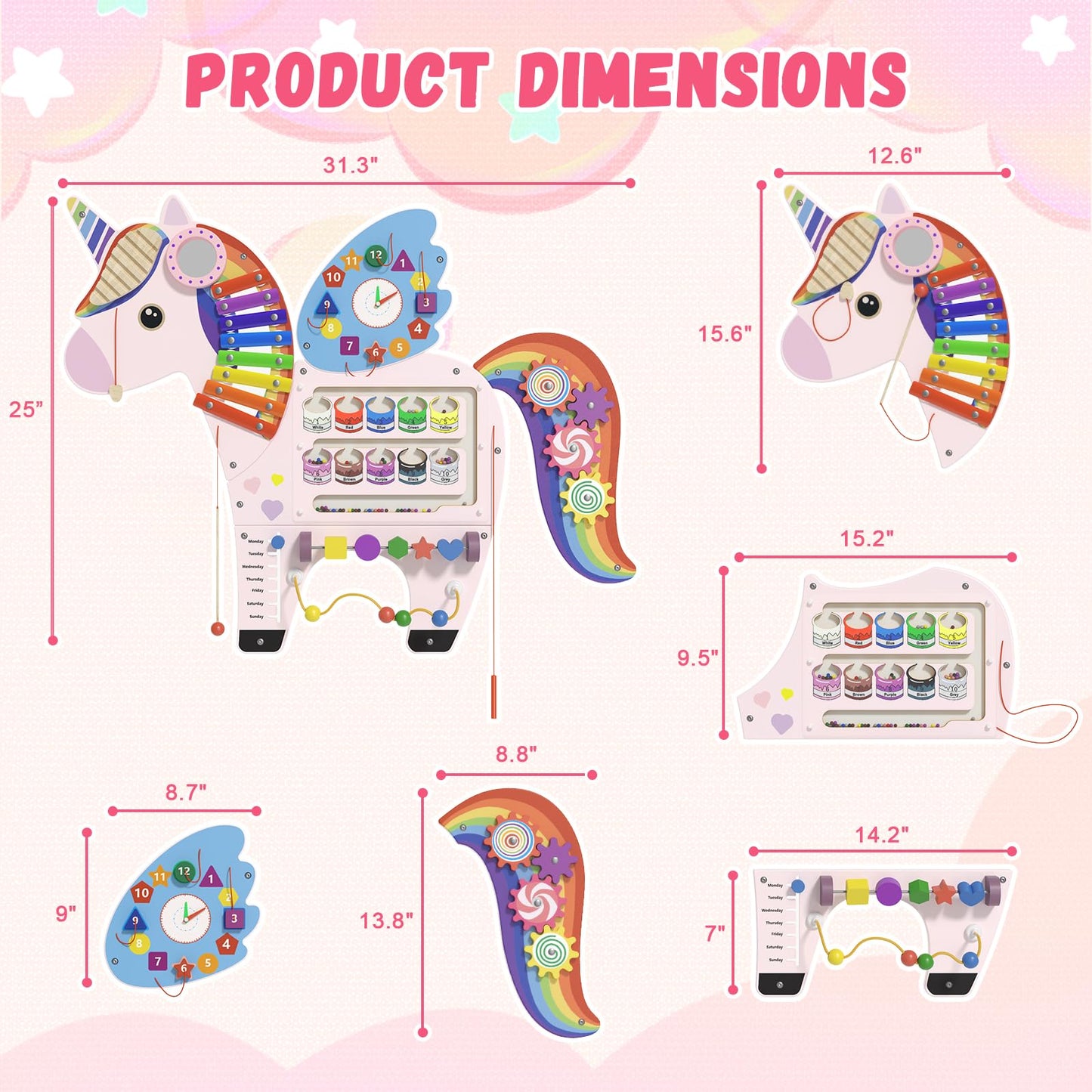 Spacocld Unicorn Activity Wall Busy Board Panels - Sensory Wall Panel for Kids, Montessori Toddler Wall Activity Board, Wall Toys for Toddlers 3, Activity Cube, Perfect for Toddler Playroom, Pink
