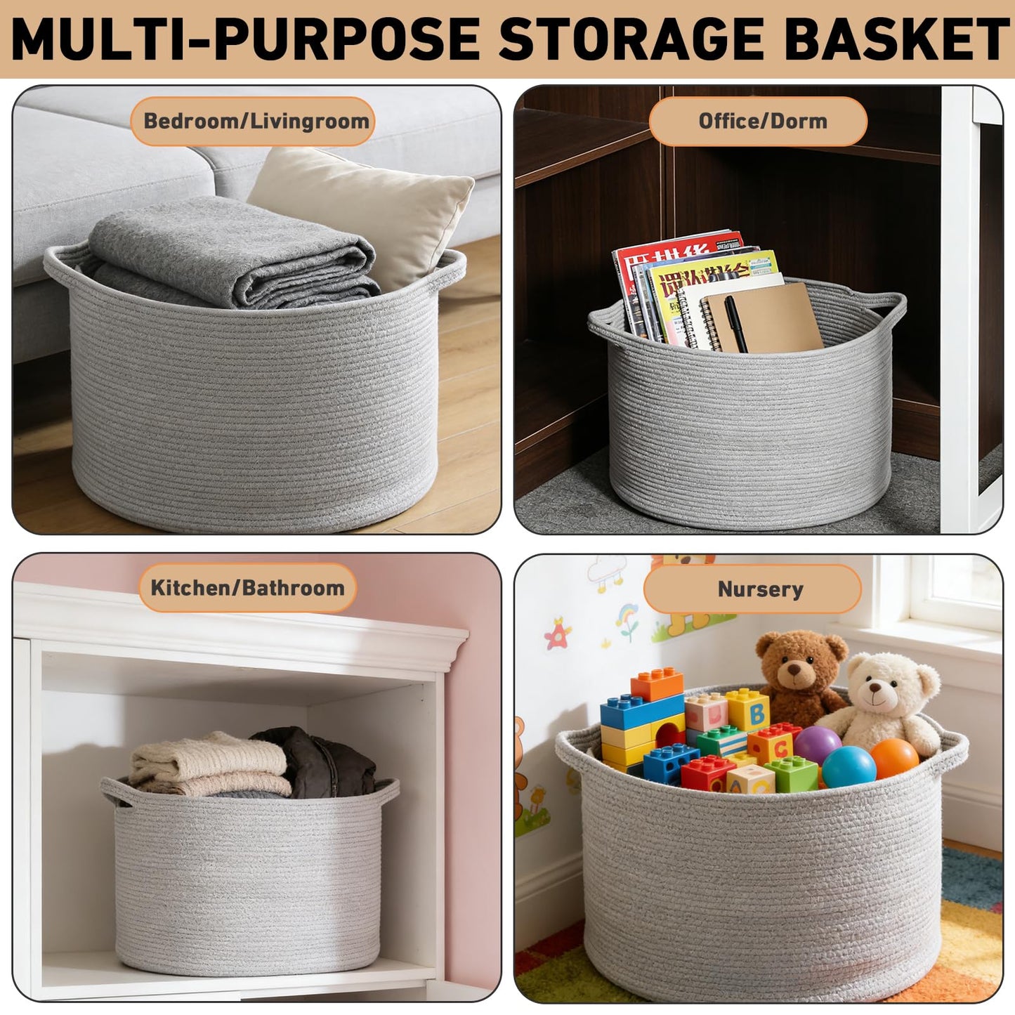 HZFTJOY 115L Extra Large Blanket Basket,Woven Rope Laundry Basket Hamper with Handles, Decorative Nursery Basket Storage Bin for Toys, Clothes Organizer, Living Room, Bedroom, Bathroom, Light Grey