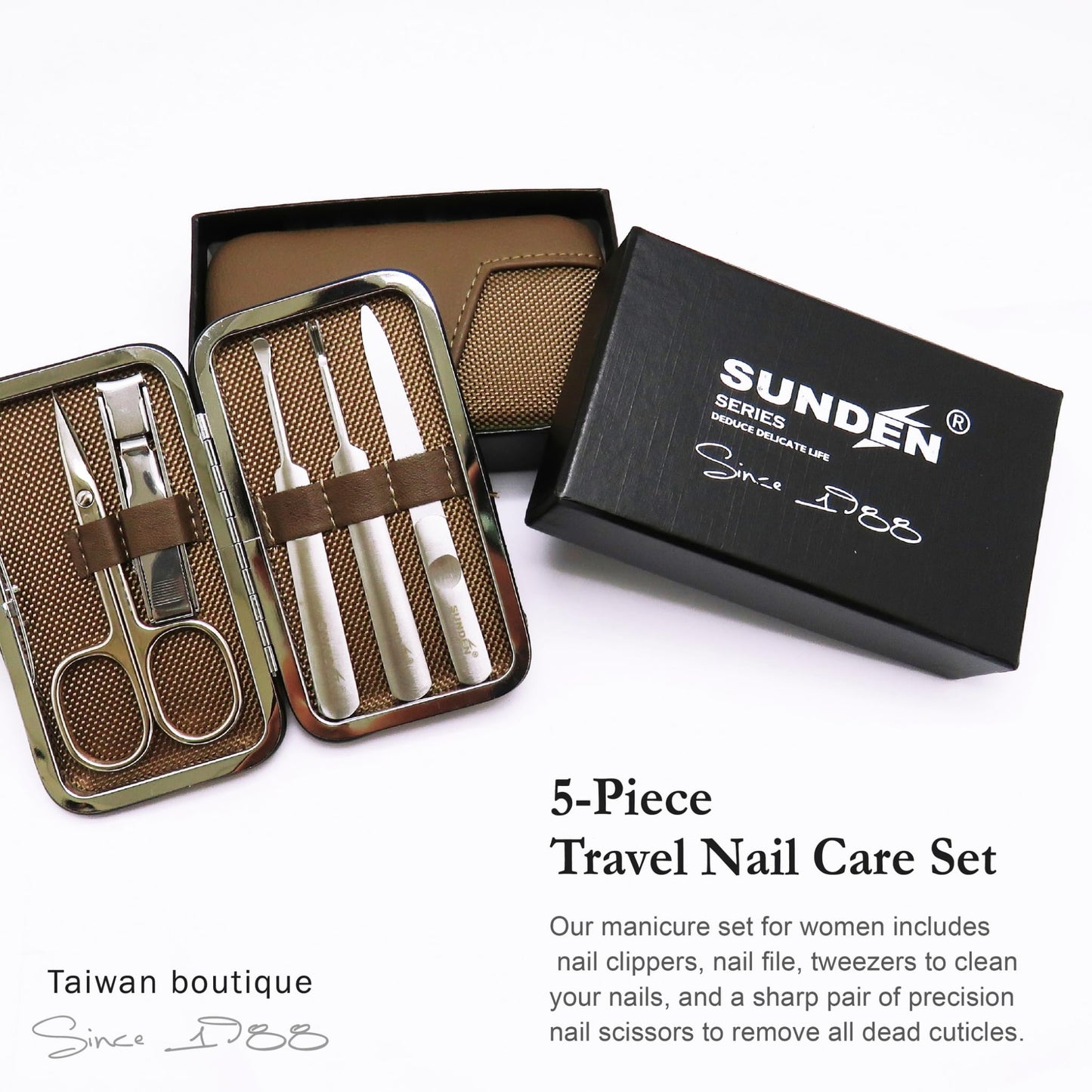 Professional Manicure Kit, 5pcs Stainless Steel Nail Clipper Set with Leather Travel Case, Brown, SUNDEN MK4517