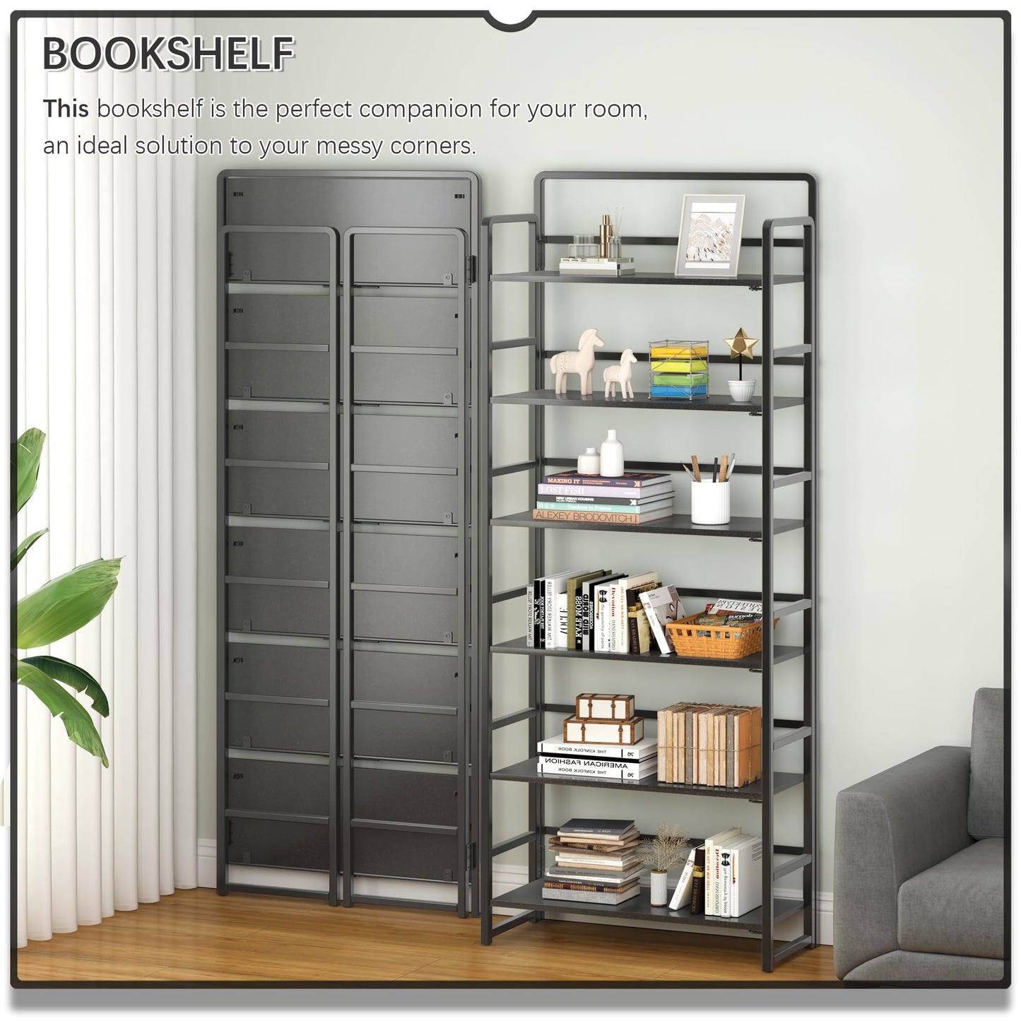 4NM No Assembly 6 Tiers Folding Bookshelf Storage Shelves Vintage Bookcase Standing Racks Study Organizer Home Office (Pink White)