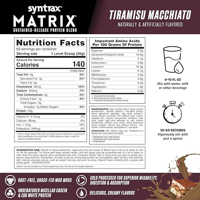 Syntrax Nutrition Matrix, Sustained-Release Protein Blend, Tiramisu Macchiato, 5 lb