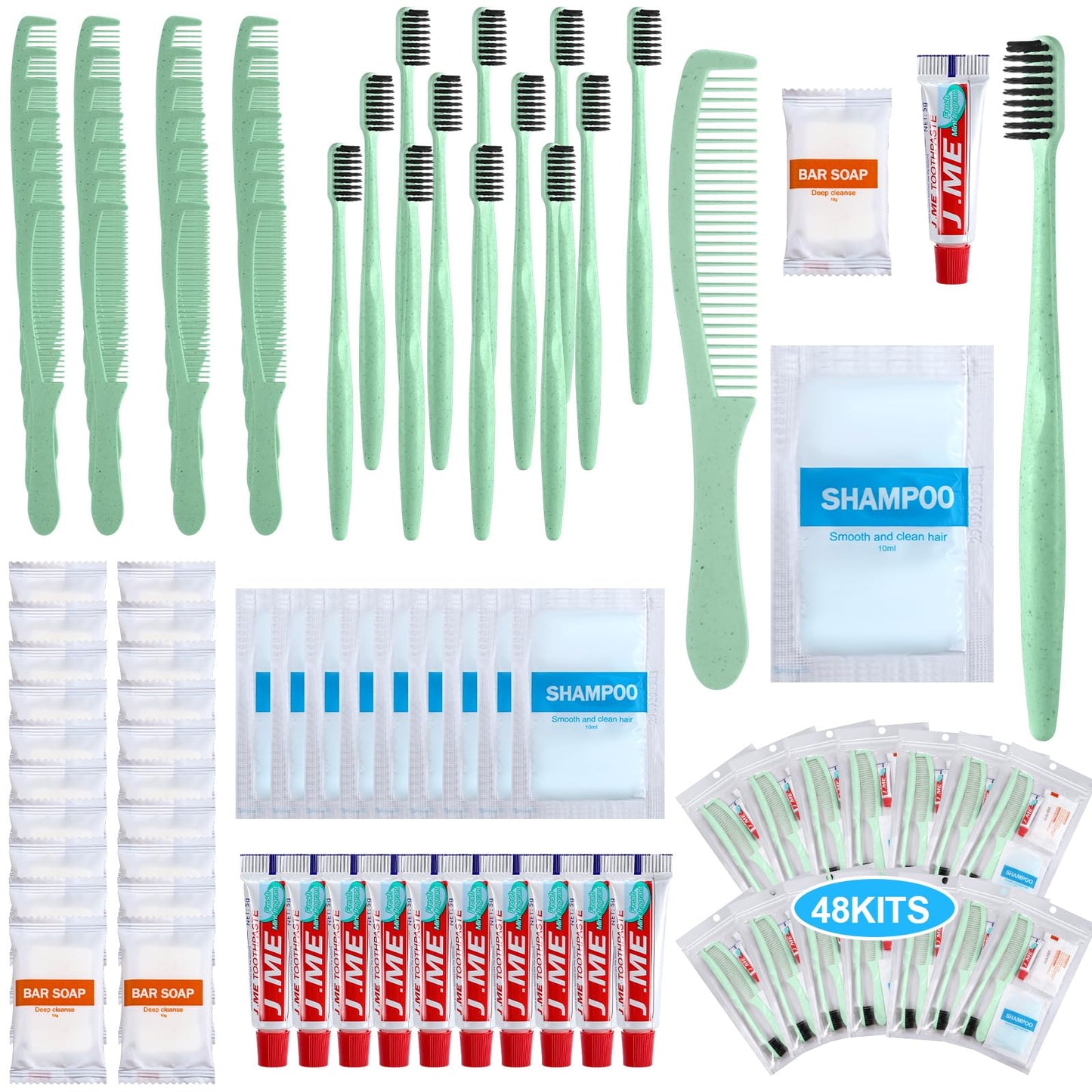 Hushee 48 Sets Personal Hygiene Kit Basic Toiletry Kit Homeless Care Package for Men Women Travel Charity Business Include Shampoo Toothbrush Toothpaste Comb and Bath(Light Green)