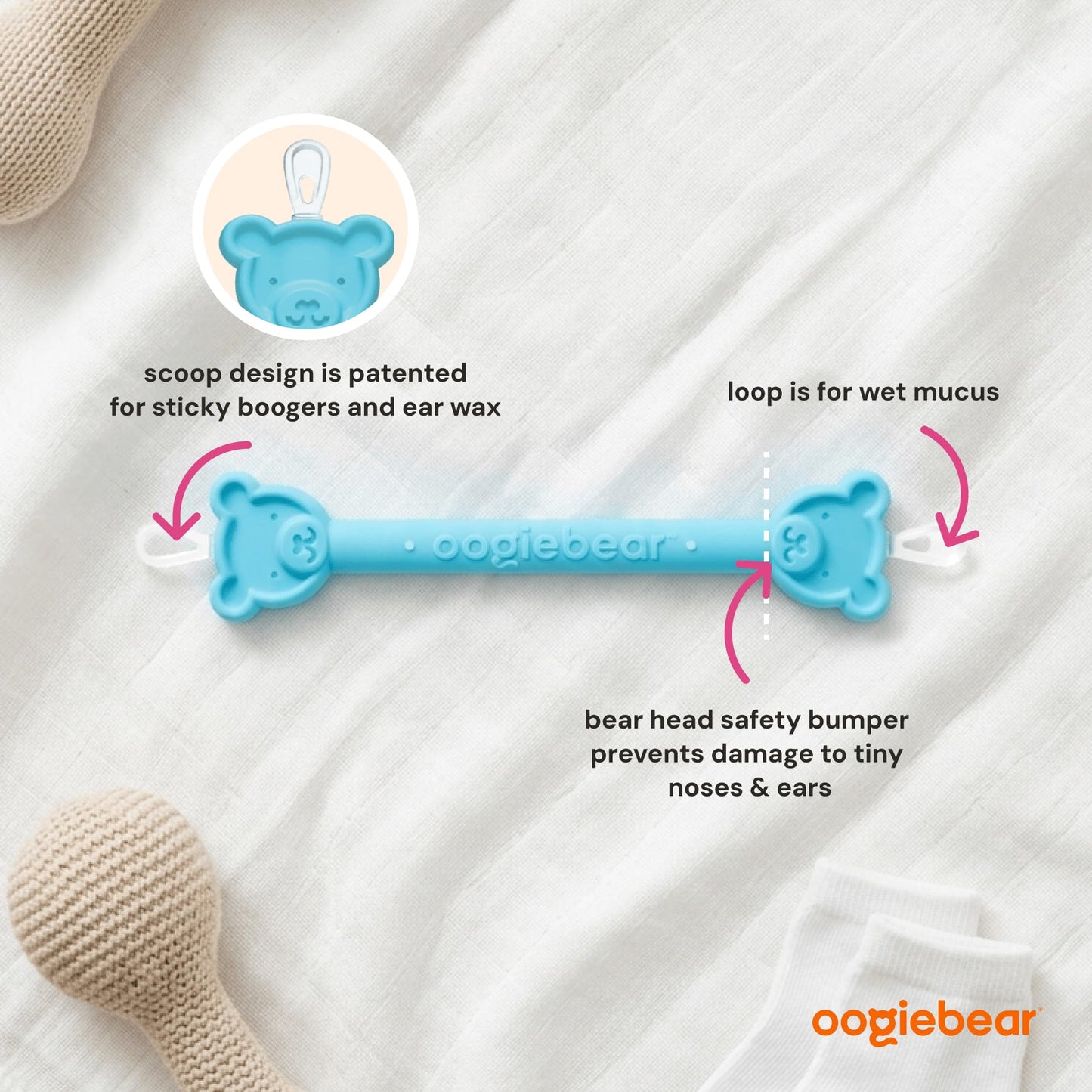 oogiebear: Baby Nose Cleaner & Ear Wax Removal Tool - Safe Booger & Earwax Removal for Newborns, Infants, Toddlers - Dual-Ended - Essential Baby Stuff, Diaper Bag, Raspberry & Seafoam with case