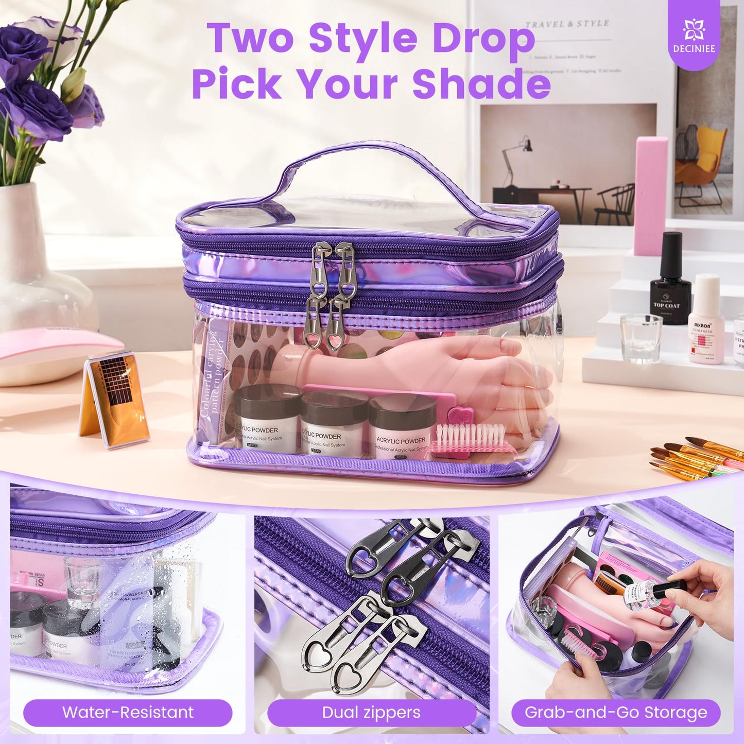 Nail Kit for Beginners with Everything: Professional Monomer Acrylic Nail Liquid Powder Set with Practice Hand Drill U V Light in Cosmetic Bag for Women Salon Home(Purple)